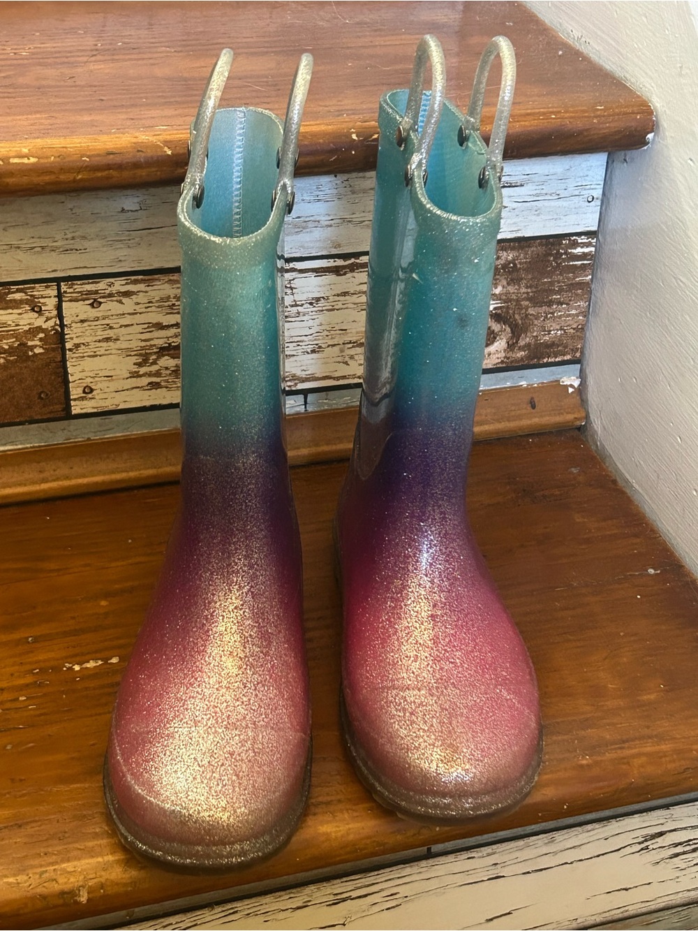 Kids Ombre Glitter Rain Boots in Teal and Pink